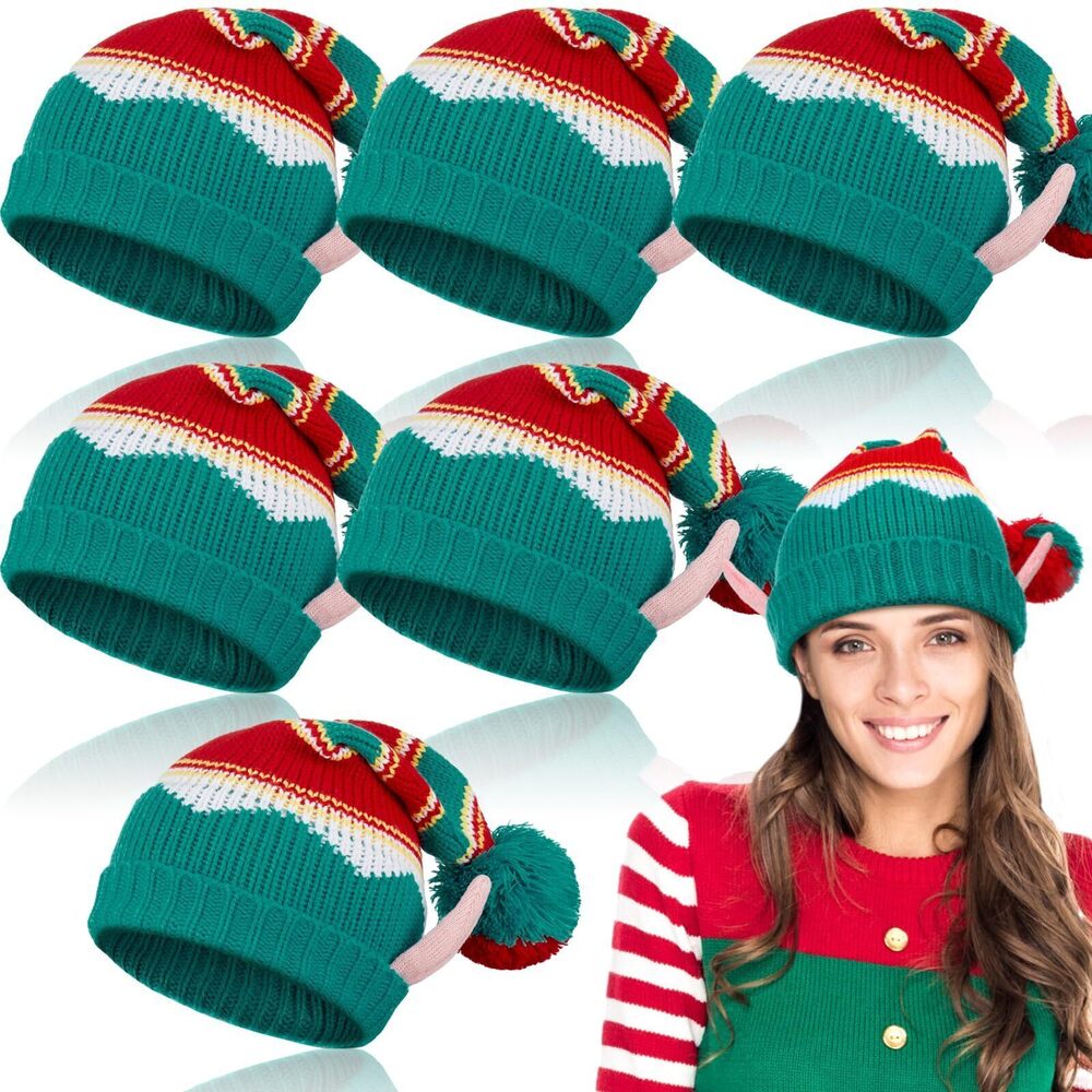 2371 6 Pcs Christmas Knitted Elf Hats Bulk Crochet Santa Hats Adults